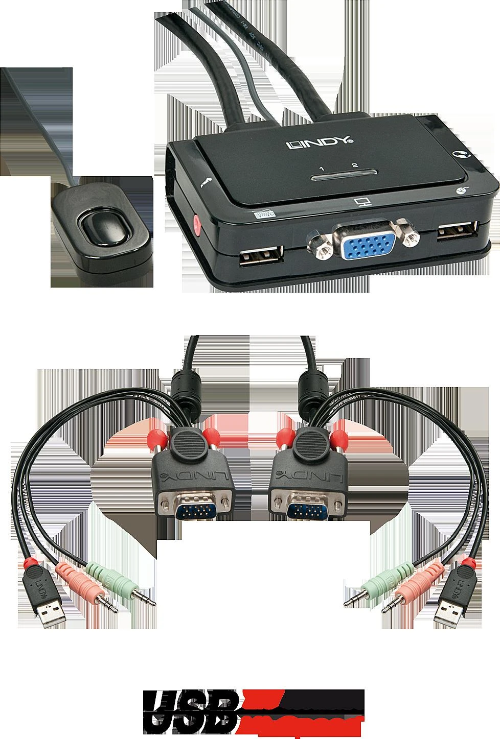 Lindy KVM Perjungiklis - 2 Port VGA USB 2.0 Garso KVM Perjungiklis 2048x1536@30Hz