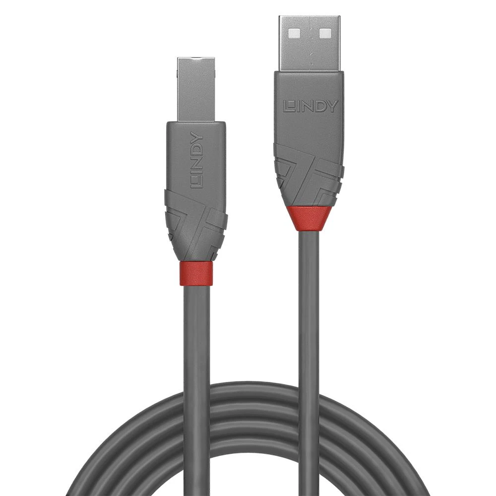 USB Kabelis - LINDY Anthra Line USB 2.0 Type A į B Laidas M/M, 5 m, Pilkas