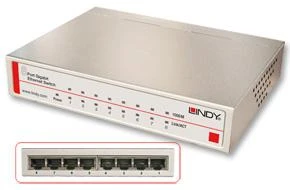Šakotuvas Komutatorius - LINDY 8 prievadų Gigabit Ethernet darbalaukio jungiklis nevaldomas, 10/100/1000Mbps prievadai