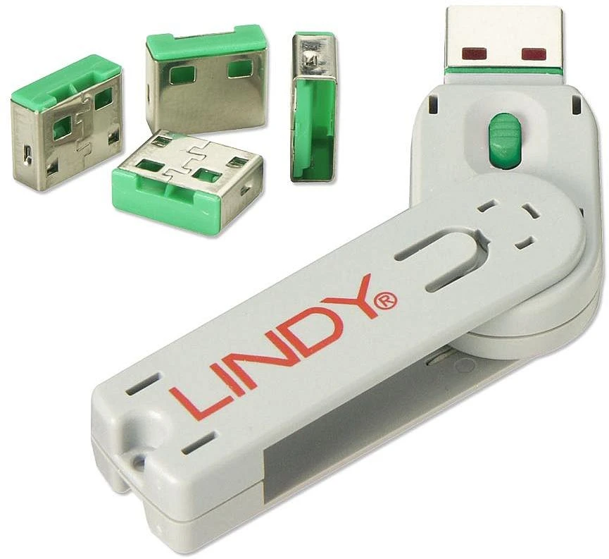 USB Priedas - LINDY USB A Prievado Blokatorius 4 vnt. + Raktas, 55x19x12mm, Žalias