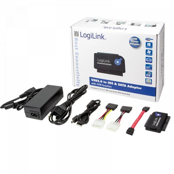 LogiLink Adapteris USB 2.0 iki 2.5 + 3.5 col. IDE + SATA HDD OTB - Juodas - 1xUSB A vyriškas 1x40 kontaktų SATA moteriškas 1x44 kontaktų SATA moteriškas