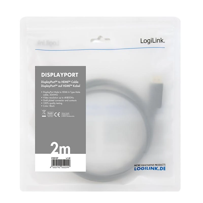 LogiLink kabelis DisplayPort - HDMI 2m pakuotėje
