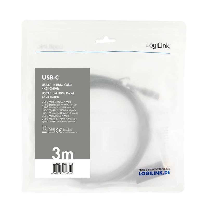 LOGILINK UA0330 LOGILINK – USB 3.2 Gen 1x1 USB-C M į HDMI 2.0 kabelis, 3 m