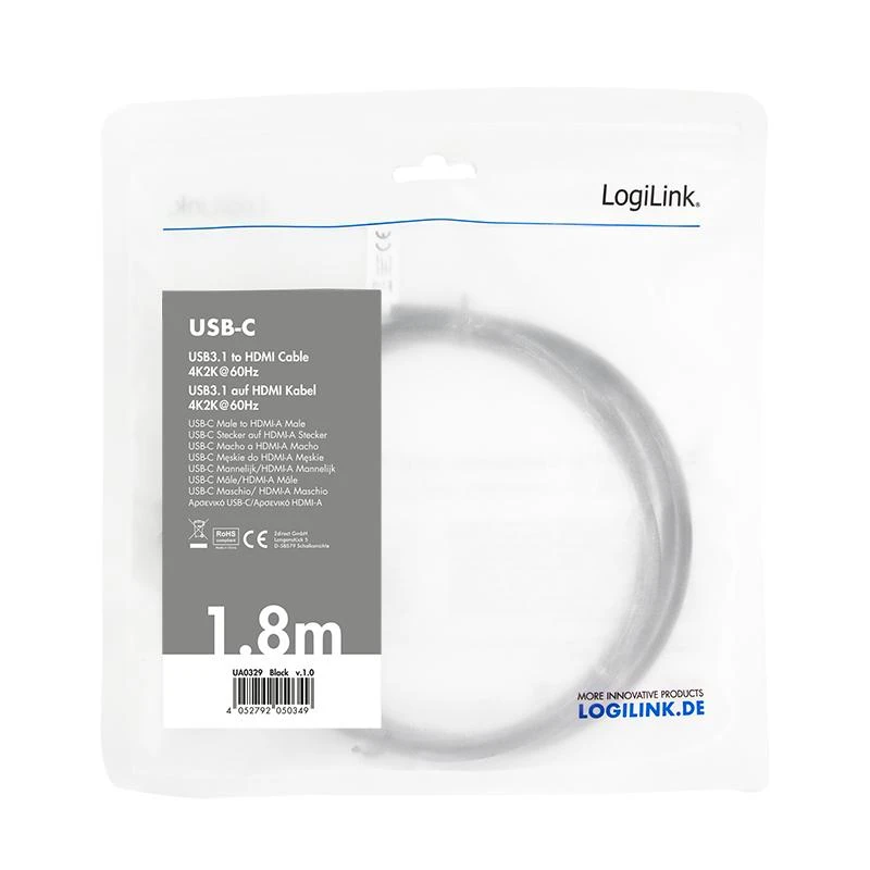 LOGILINK UA0329 LOGILINK – USB 3.2 Gen 1x1 USB-C kištukinis HDMI 2.0 kištukas, 1,8 m