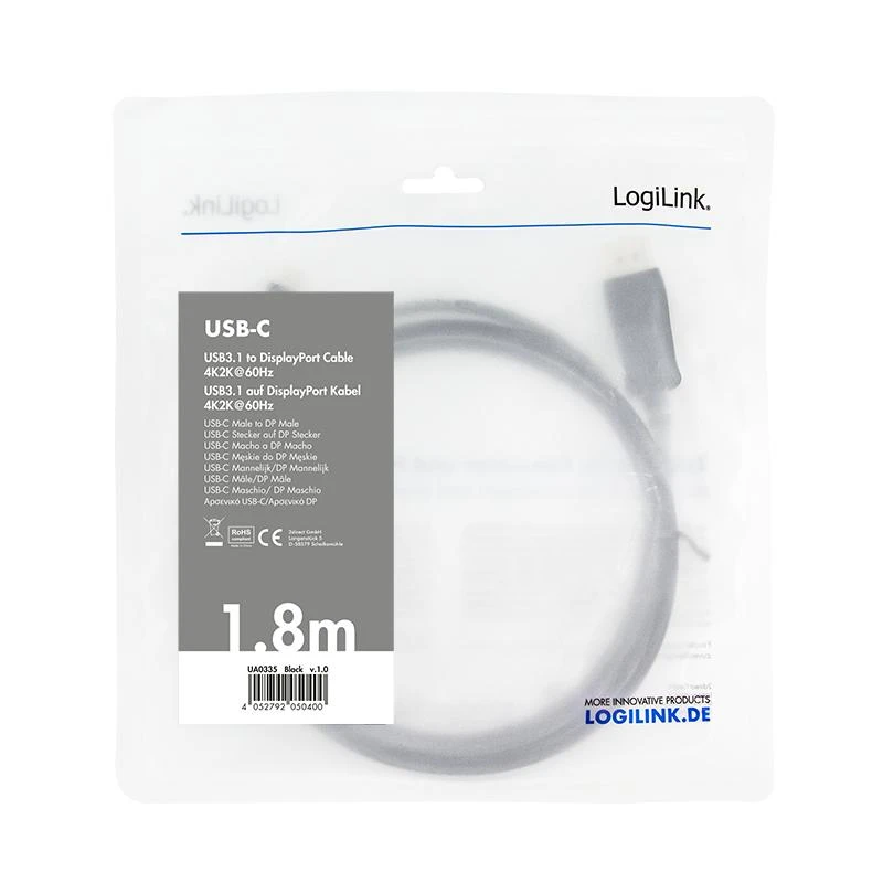 LOGILINK UA0335 LOGILINK – USB 3.2 Gen 1x1 USB-C M iki DisplayPort 1.2 kabelis, 1,8 m