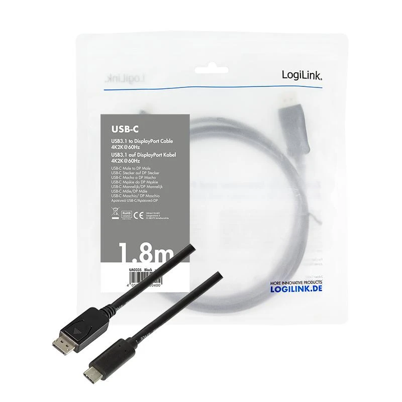 LOGILINK UA0335 LOGILINK – USB 3.2 Gen 1x1 USB-C M iki DisplayPort 1.2 kabelis, 1,8 m