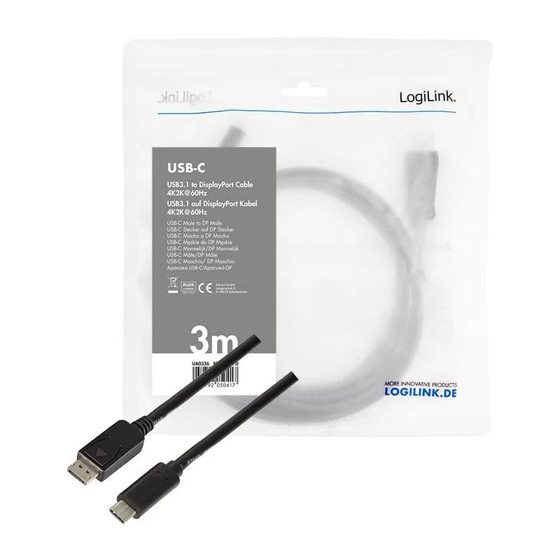 LOGILINK UA0336 LOGILINK – USB 3.2 Gen 1x1 USB-C M iki DisplayPort 1.2 kabelis, 3 m