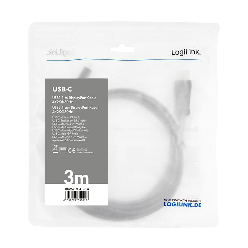 LOGILINK UA0336 LOGILINK – USB 3.2 Gen 1x1 USB-C M iki DisplayPort 1.2 kabelis, 3 m