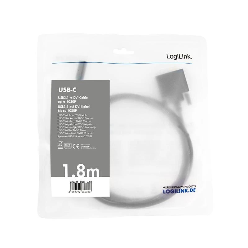 LOGILINK UA0331 LOGILINK – USB 3.2 Gen 1x1 USB-C M į DVI laidas, 1,8 m
