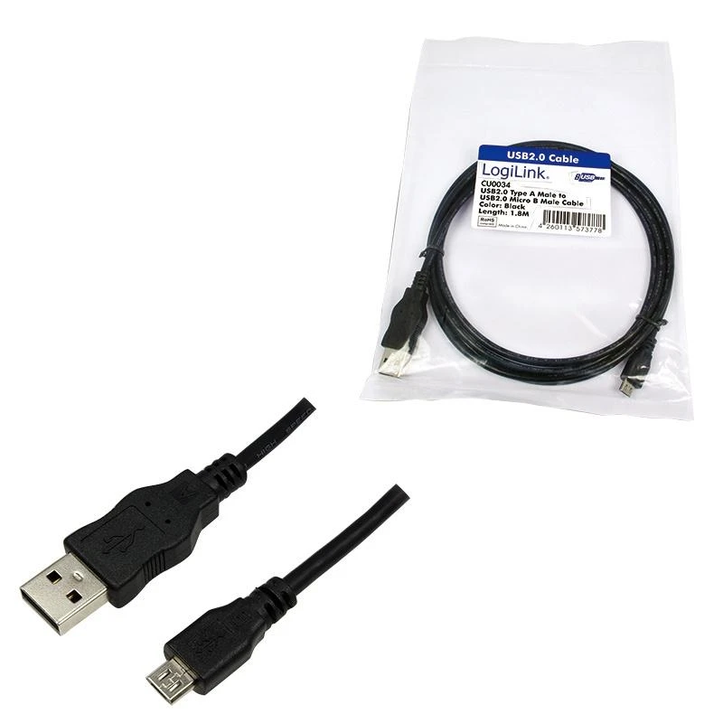 Logilink USB micro-B 180, 1.8m Micro-USB B, USB A, 1.8 m, Juodas