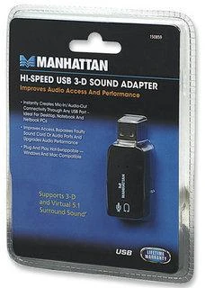 Intracom MANHATTAN Hi-Speed USB 3-D garso adapteris su mikrofono įvesties ir garso išvesties jungtimi per bet kurį USB prievadą 3D ir virtualų 5.1 erdvinį garsą