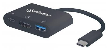 „Intracom“ MANHATTAN USB tipo C HDMI doko keitiklis USB 3.1 tipo C vyriškas į HDMI A tipo USB ir C tipo USB moteriškas kelių prievadų keitiklis