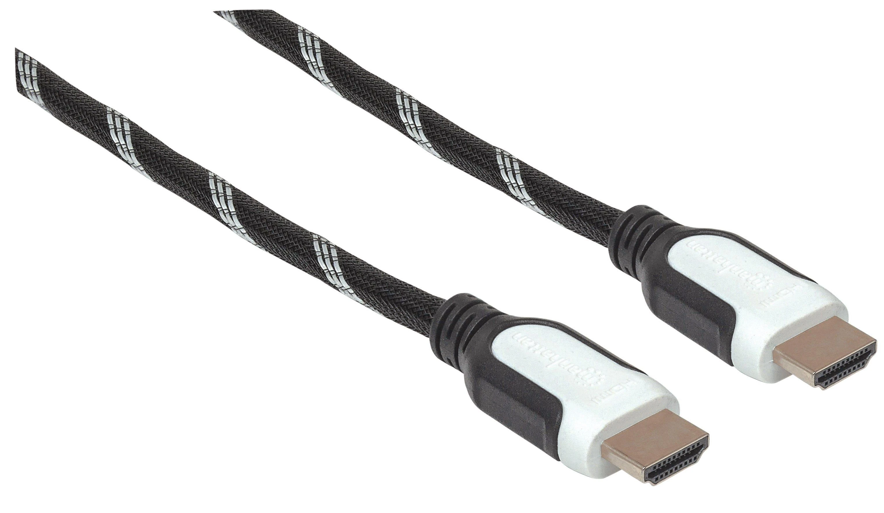 MANHATTAN Braided High Speed HDMI Cable with Ethernet HEC, ARC, 3D, 4K, HDMI Male to Male, Shielded, 0.5 m, Juodas/Baltas, 354745