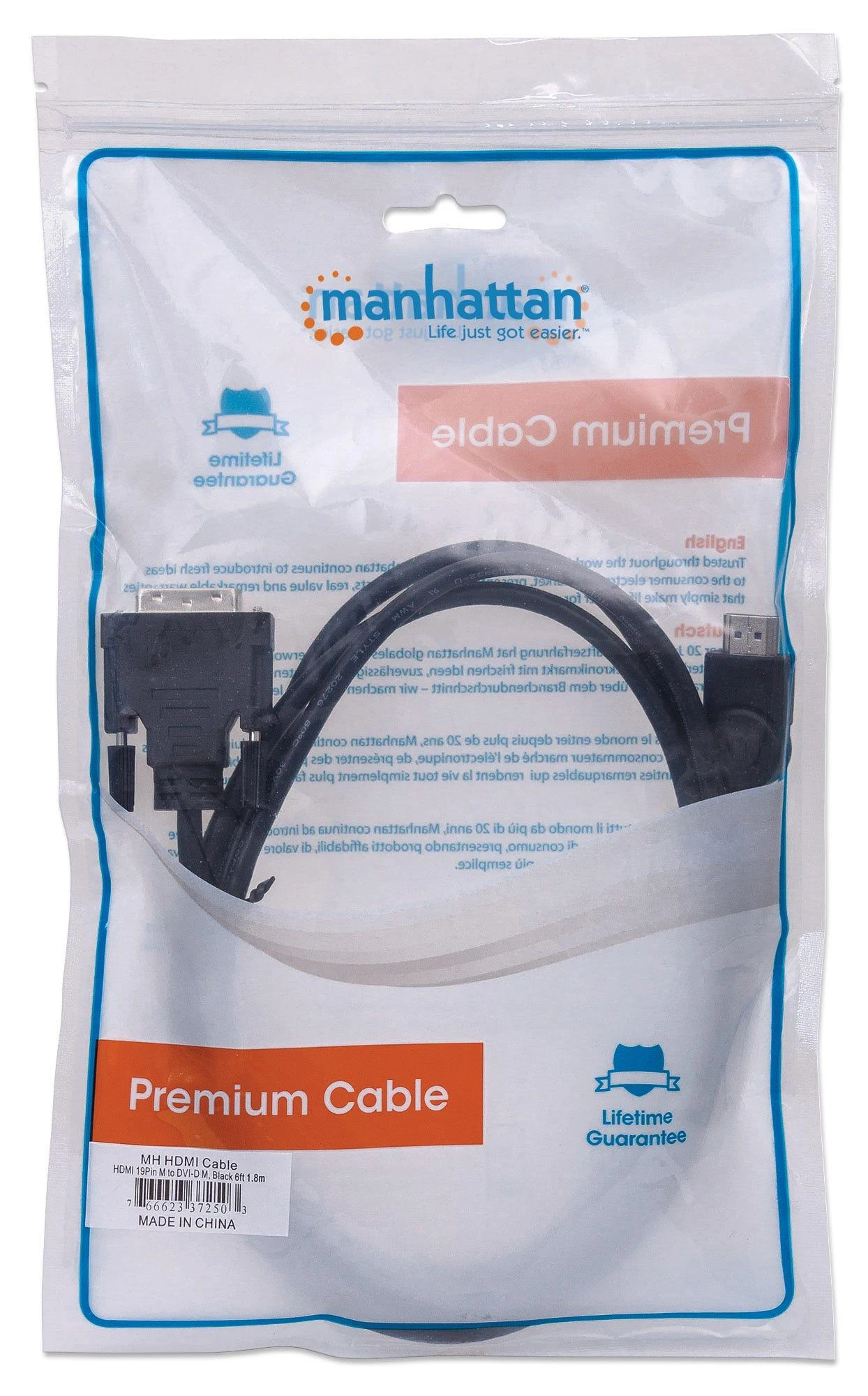 StarTech Intracom MANHATTAN HDMI / DVI Cable 1.8m juodas HDMI 19 kontaktų kištukas DVI-D 24+1 male auksinis padengtas jungtys
