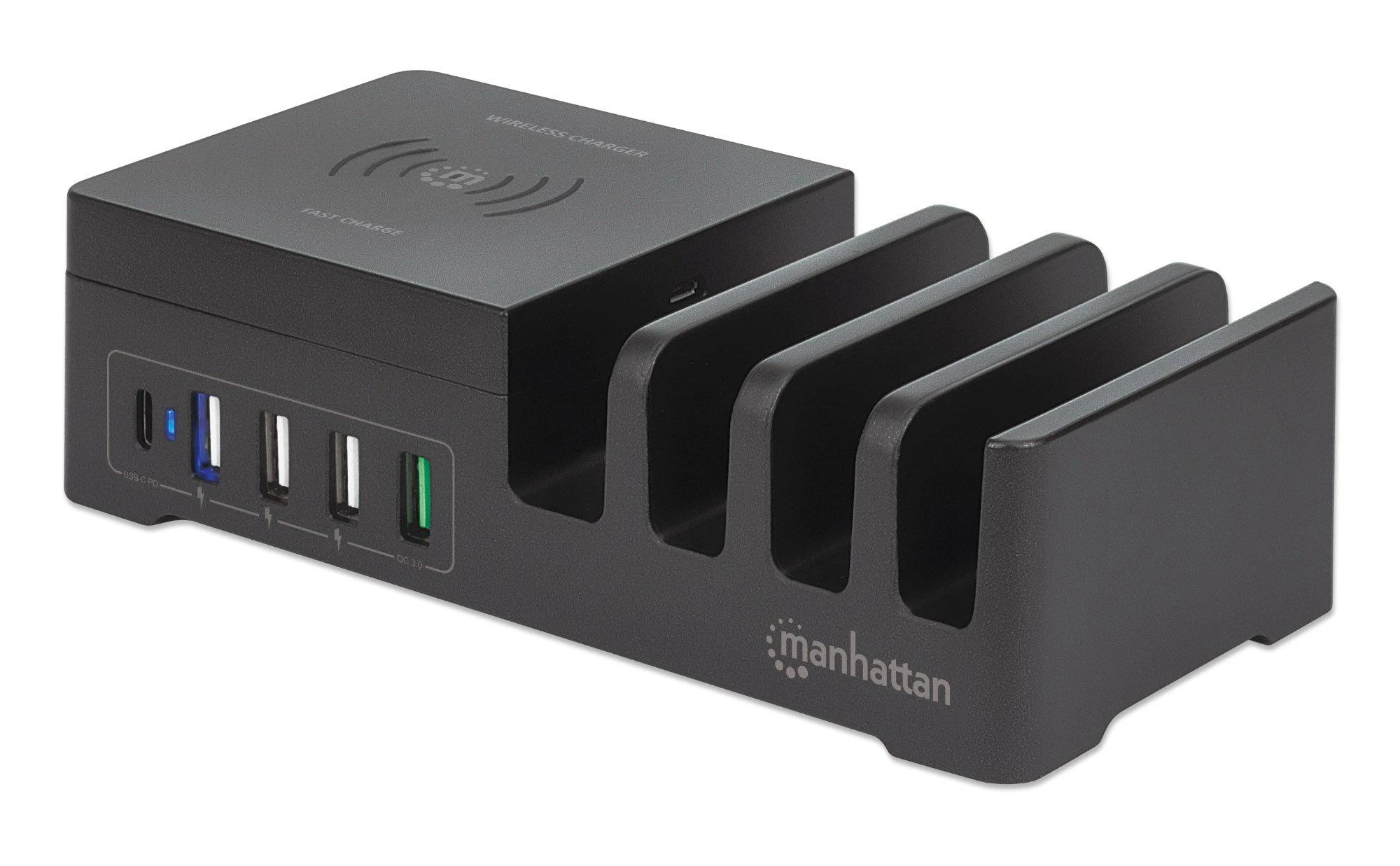 Manhattan Įkroviklis jungiama į tinklą 5x USB i Qi 55W, 1x USB-C, 3x USB-A, Qi