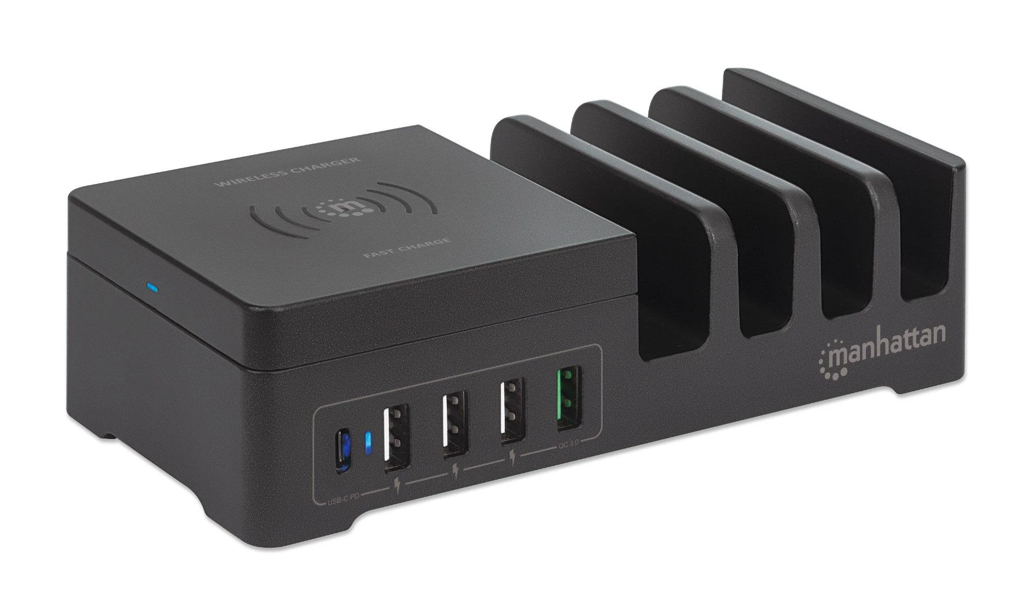 Manhattan Įkroviklis jungiama į tinklą 5x USB i Qi 55W, 1x USB-C, 3x USB-A, Qi
