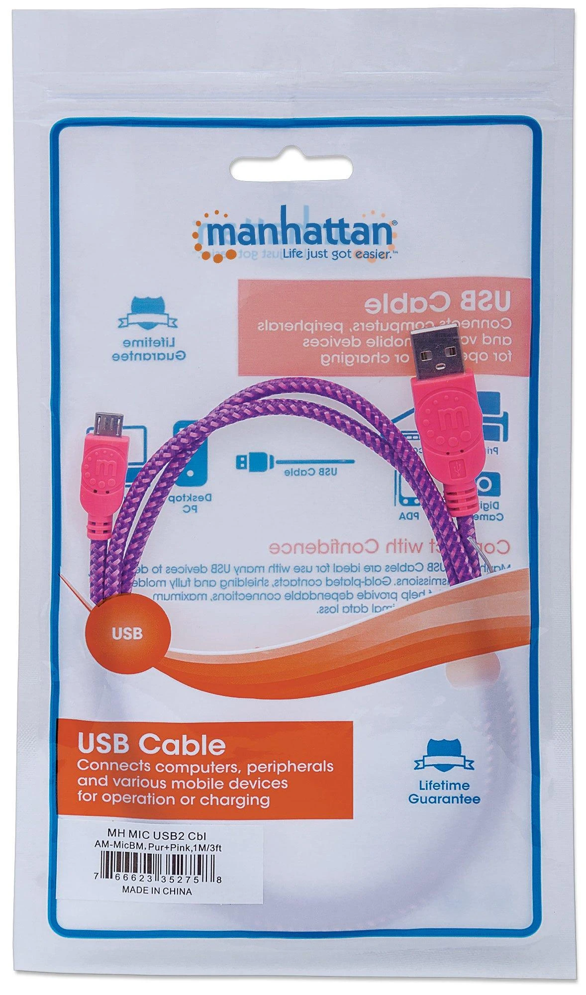 Manhattan Rožinė MH 352758 USB 2.0 kab. A male to Micro B male USB Violetinė/Rožinė Braided 1.0m