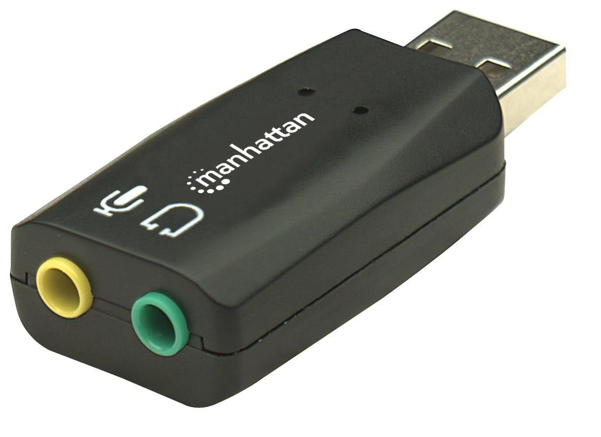 Intracom MANHATTAN Hi-Speed USB 3-D garso adapteris su mikrofono įvesties ir garso išvesties jungtimi per bet kurį USB prievadą 3D ir virtualų 5.1 erdvinį garsą