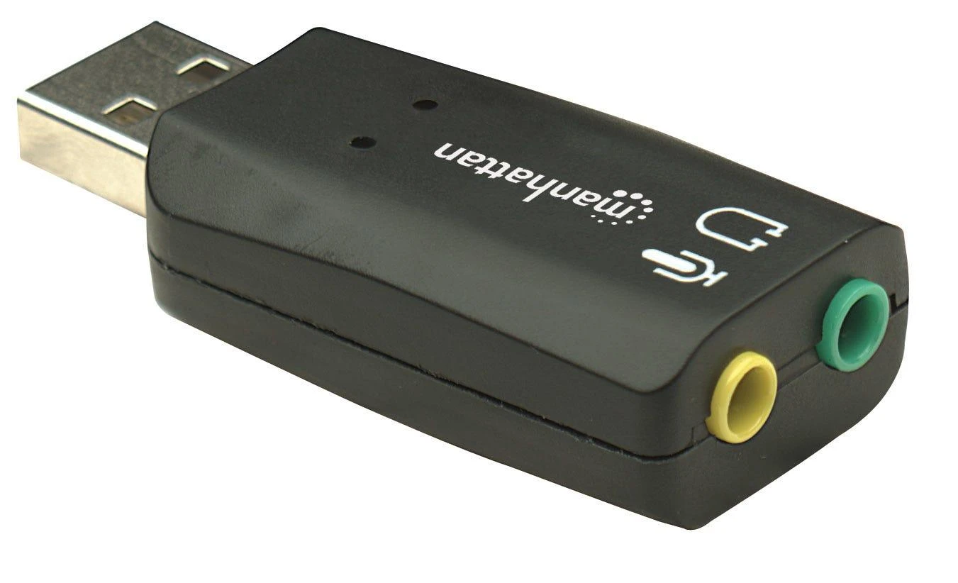 Intracom MANHATTAN Hi-Speed USB 3-D garso adapteris su mikrofono įvesties ir garso išvesties jungtimi per bet kurį USB prievadą 3D ir virtualų 5.1 erdvinį garsą