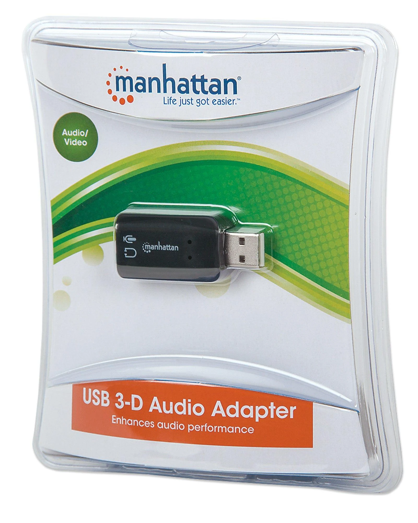 Intracom MANHATTAN Hi-Speed USB 3-D garso adapteris su mikrofono įvesties ir garso išvesties jungtimi per bet kurį USB prievadą 3D ir virtualų 5.1 erdvinį garsą