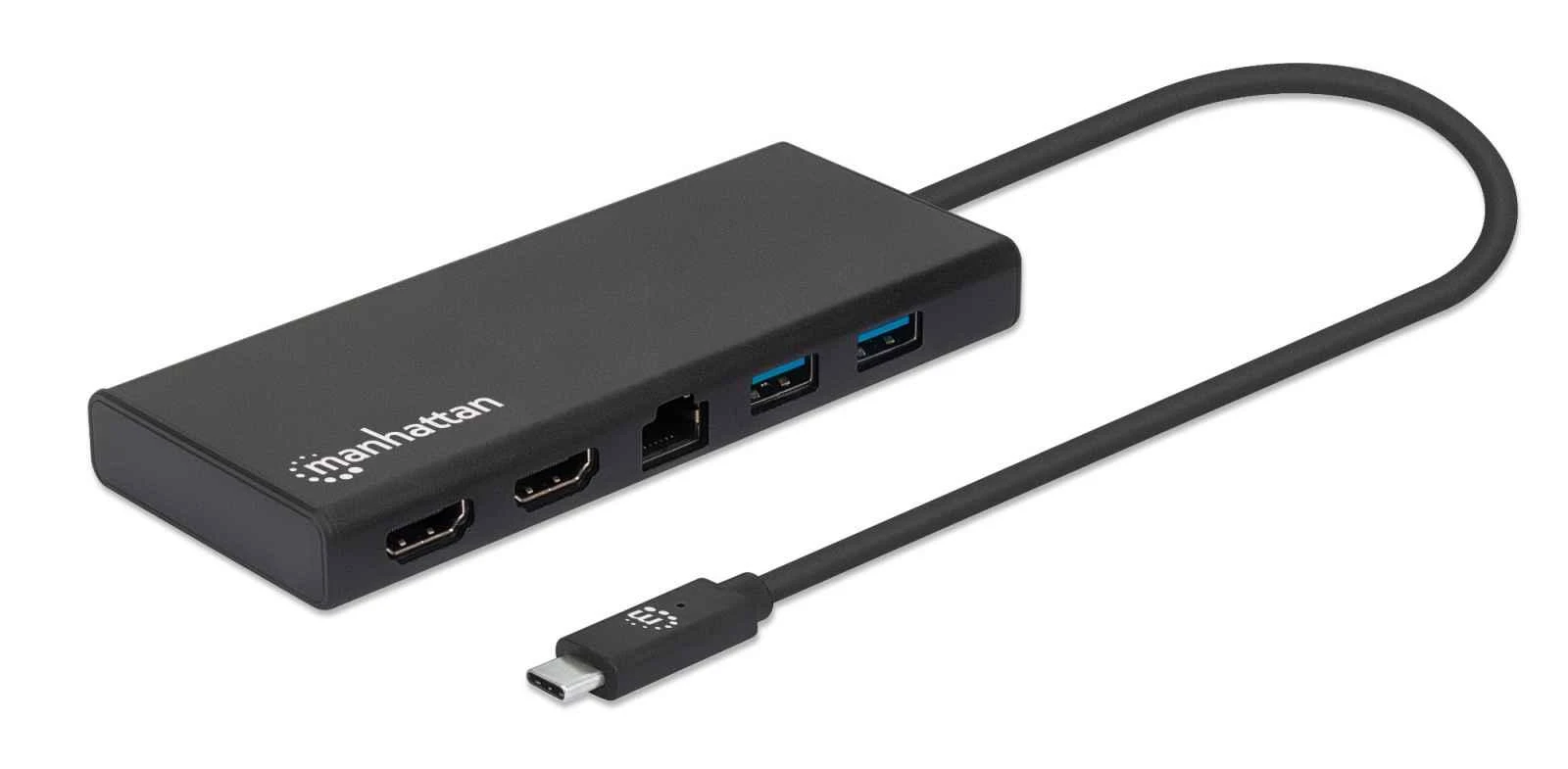 Intracom MANHATTAN USB 3.2 Gen 1 USB-C prie dviejų HDMI kelių prievadų adapteris USB-C prie 2x HDMI 4K30Hz 2x USB-A USB-C maitinimo tiekimo Gigabit RJ45 prievadas