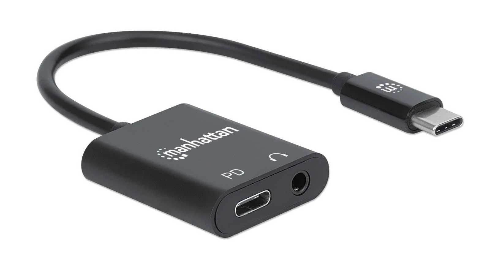 Juodas USB-C į 3,5 mm ir PD adapteris