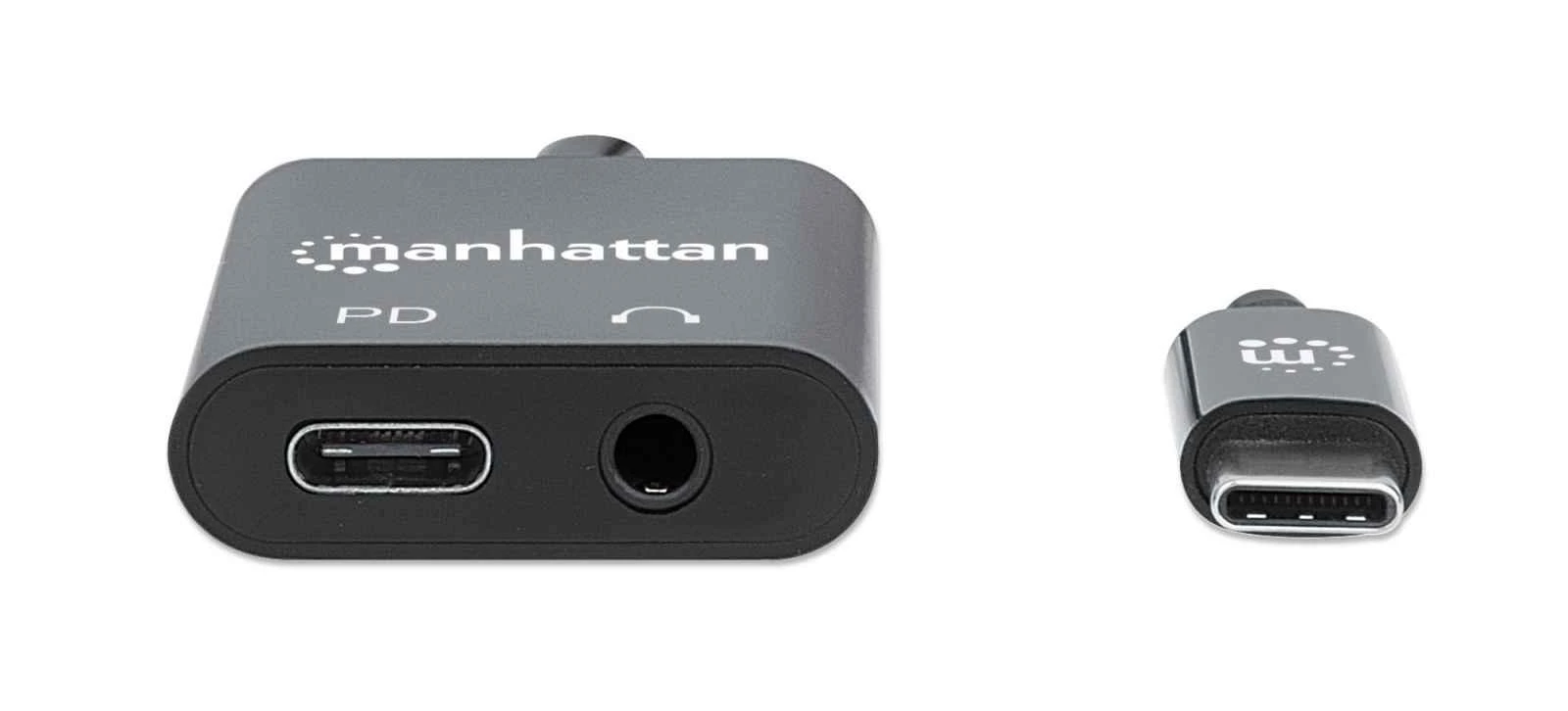 Intracom MANHATTAN USB-C prie ausinių lizdo adapteris USB-C kištukas iki 3,5 mm garso ir USB-C maitinimo tiekimo moterys Juodas