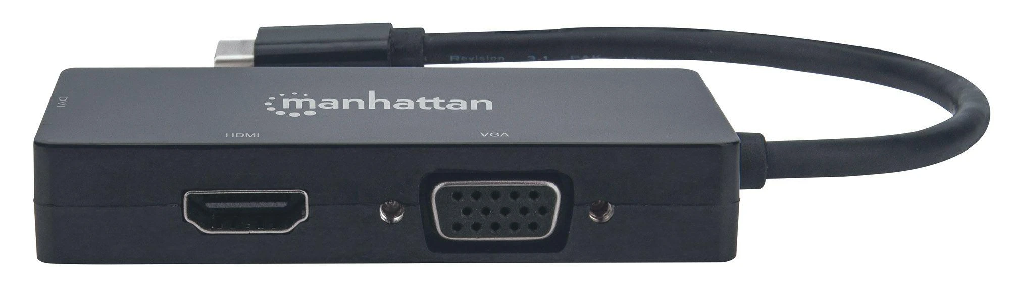 MANHATTAN USB-C 3-in-1 kelių prievadų A/V keitiklis USB-C į DVI HDMI arba VGA Females 4K30Hz HDMI 1080p prie VGA arba DVI Juodas