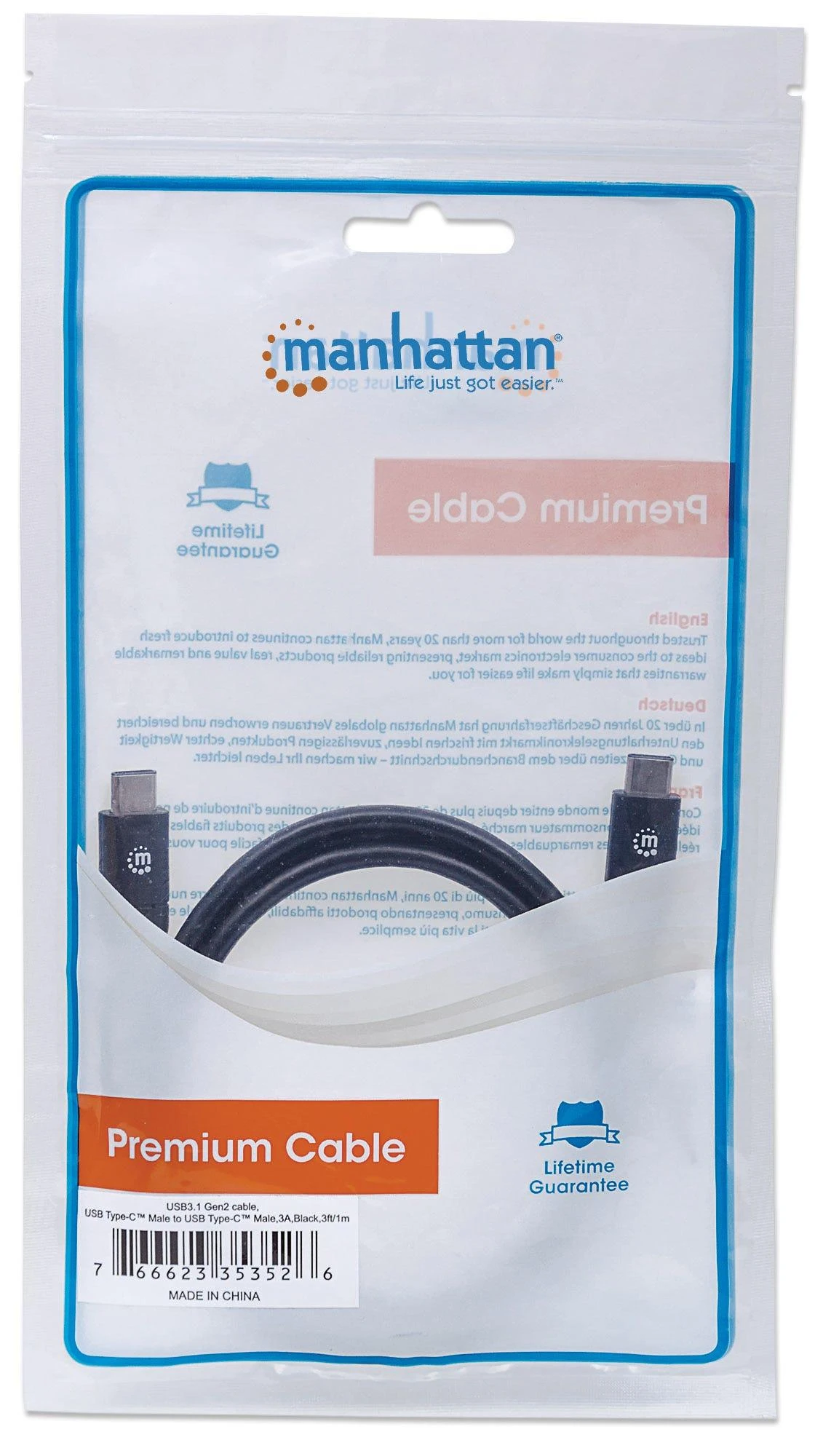 Kabelis USB Manhattan USB-C - USB-C 1 m Juodas (353526)