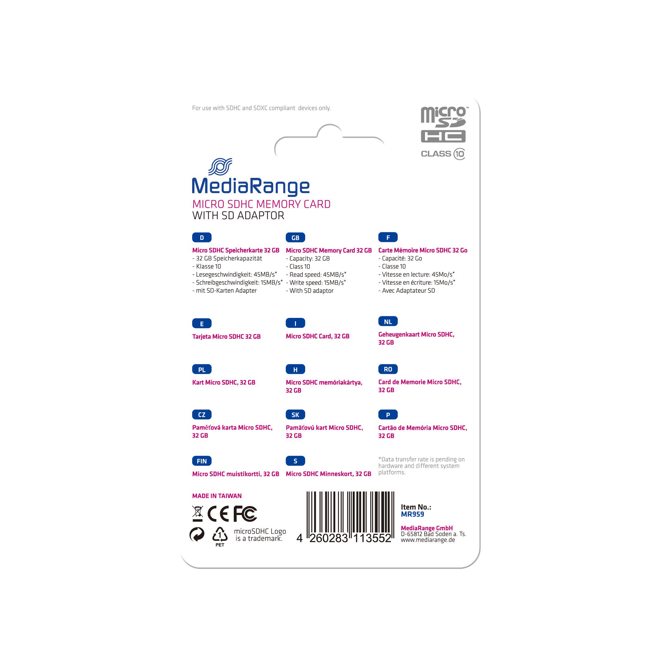 Atminties kortelė Karta MediaRange Micro SDHC 32 GB Class 10 UHS-I (MR959)