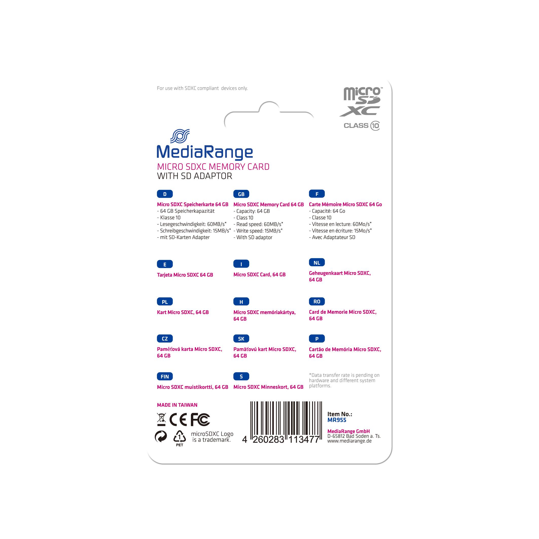 Atminties kortelė MediaRange SD MicroSD Card 64GB SD CL.10 inkl. Adapteris