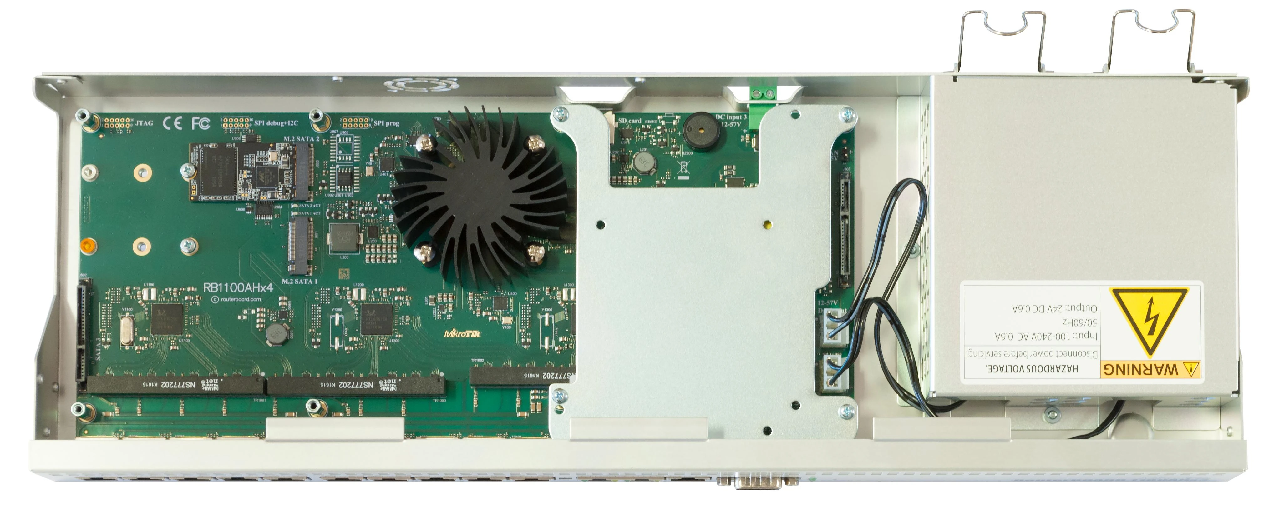 Šakotuvas „MikroTik“ laidinio Ethernet maršrutizatorius RB1100AHx4 „Dude Edition“, 1U montuojamas ant stovo, keturių branduolių 1,4 GHz procesorius, 1 GB RAM, 128 MB, 60 GB M.2 SSD diskas įtrauktas, 13 gigabitų LAN, 1 nuoseklusis konsolės prievadas RS232, 2 SATA3 jungtys, 2 M.2 lizdai, PCB temperatūros ir įtampos monitorius (CAPsMAN, įrenginių monitorius, rodo istorinius duomenis, gali rašyti pranešimus), IP20, RouterOS L6 | MikroTik | Laidinio Ethernet maršrutizatorius | RB1100AHx4 „Dude Edition“ | Nėra „Wi-Fi“ | 10/100/1000 Mbit/s | Ethernet LAN (RJ-45) jungtys 13 | Tinklo palaikymas: ne | MU-MiMO: ne | Nėra mobiliojo plačiajuosčio ryšio | 12 mėn.