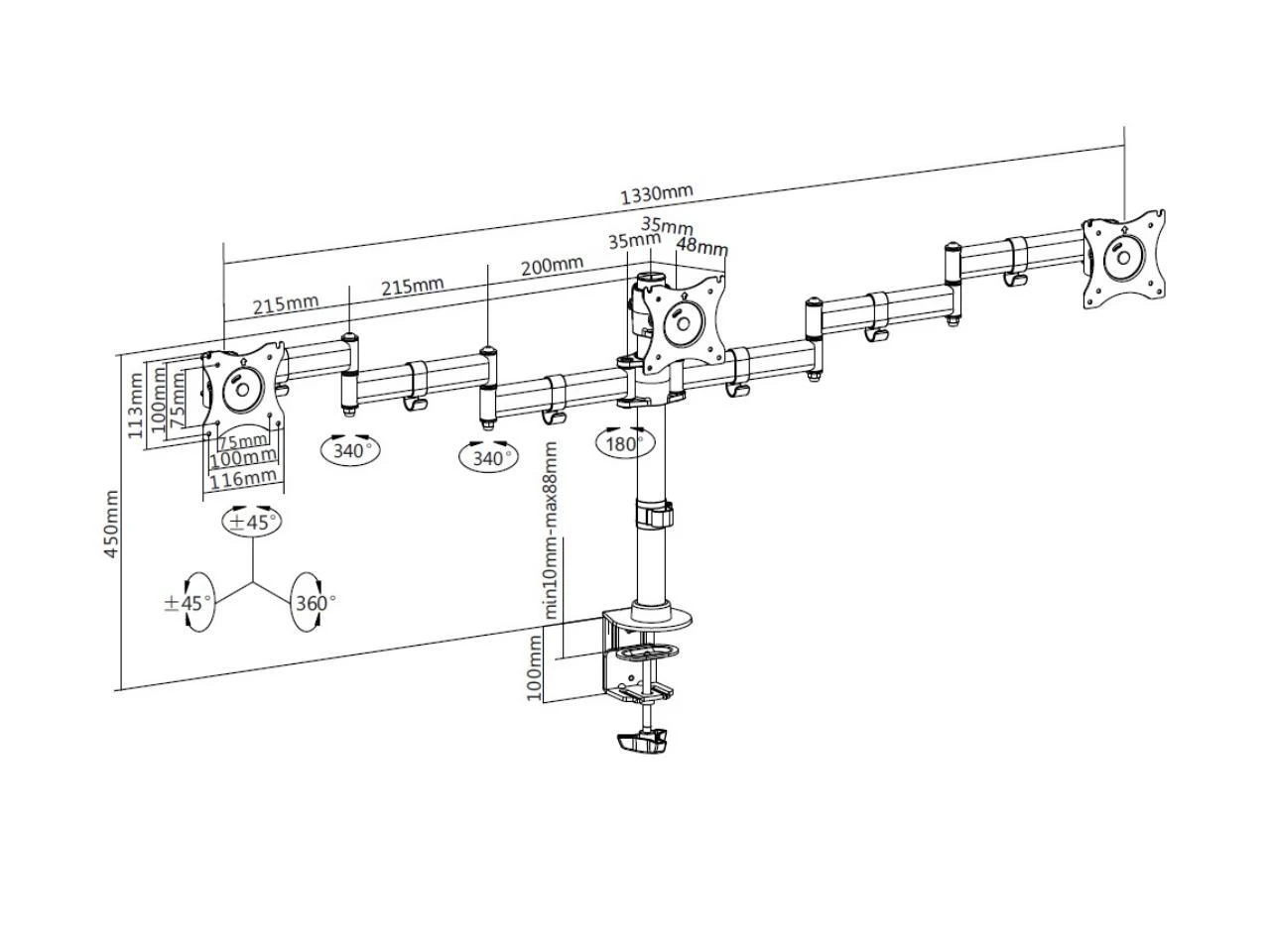 Laikiklis Multibrackets MB DESKMOUNT BASIC TRIPLE Juodas MAX 7.5KG