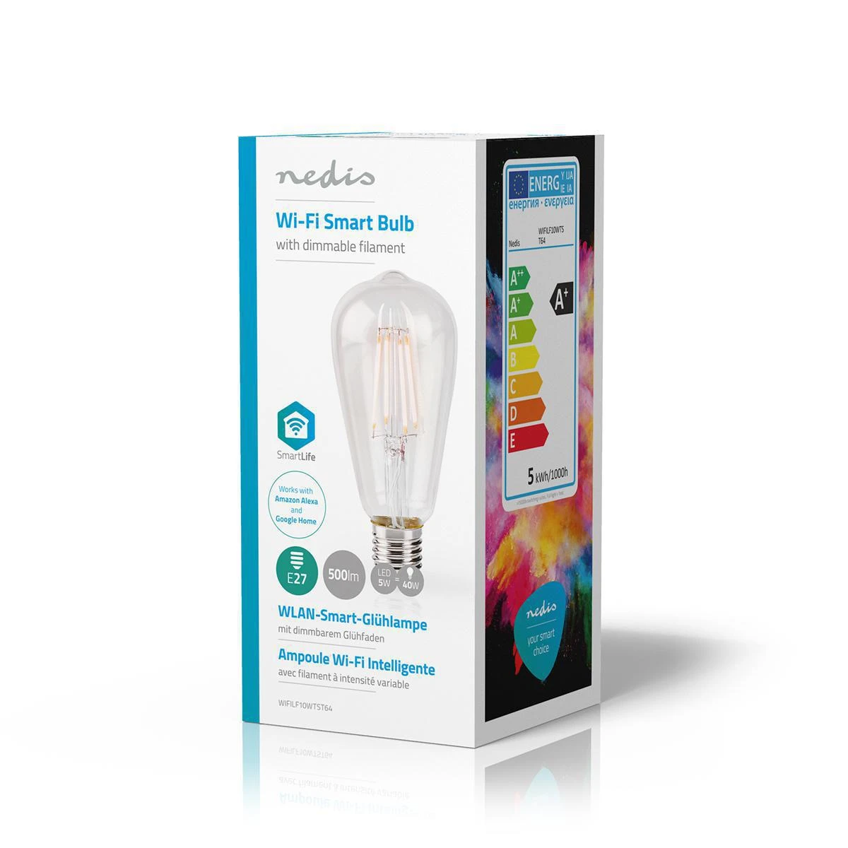 Nedis WLAN Smart LED kaitrinė lemputė (WIFILF10WTST64) - E27, ST64, 5 W, 500 lm, Skaidri