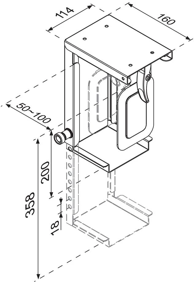 „Neomounts by Newstar“ po stalu tvirtinamas kompiuterio laikiklis (tinkami kompiuterio matmenys - aukštis: 20–36 cm / plotis: 5–10 cm) - Juodas