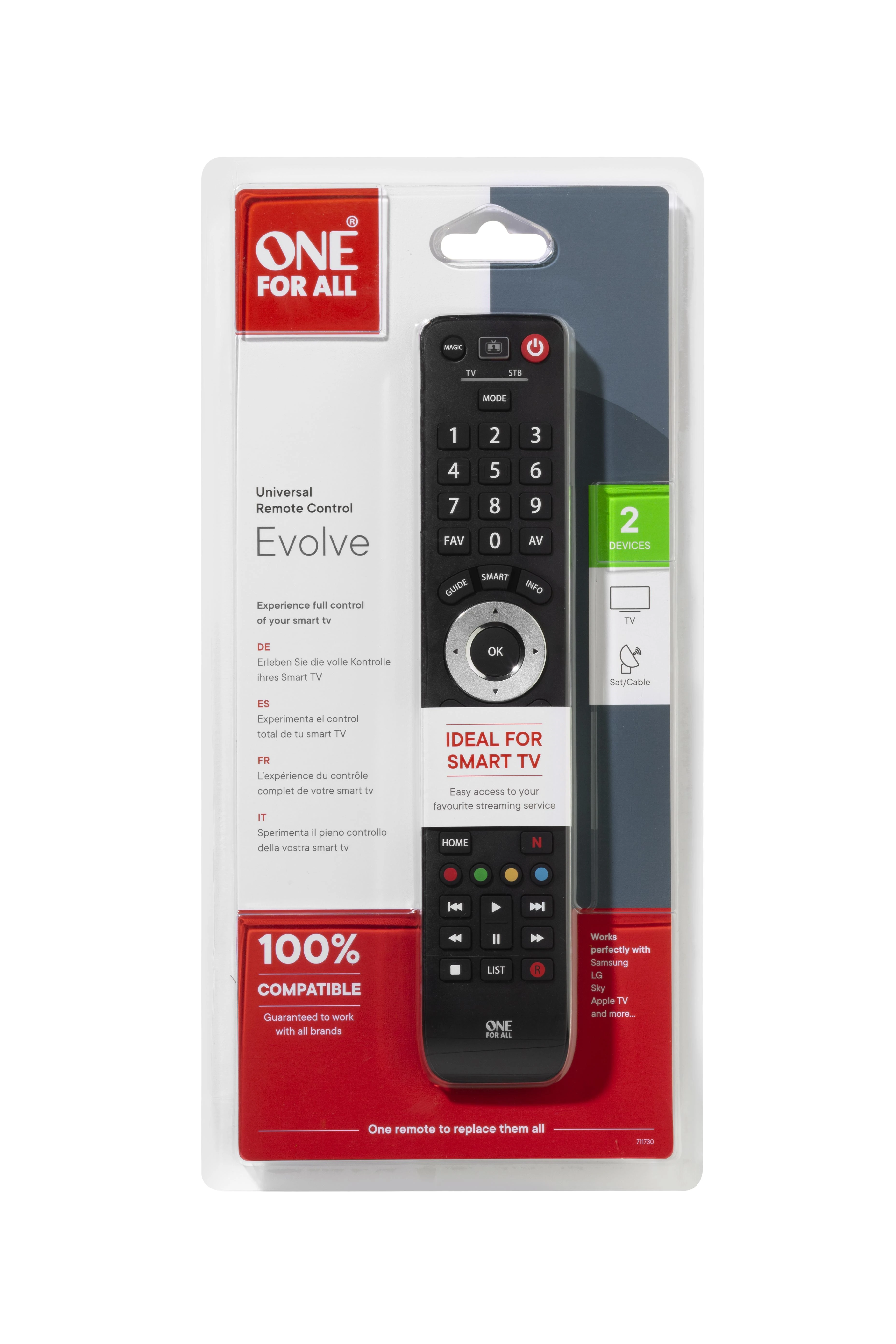 One For All ONE, skirtas ALL 2, universalus Evolve 2 televizoriaus nuotolinio valdymo pultas