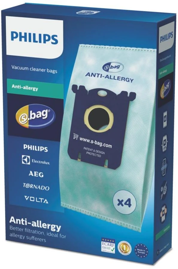 Philips s-bag Dulkių siurblių maišeliai FC8022/04 4 x dulkių maišeliai Vienas standartas tinka visiems Antialerginiam filtravimui