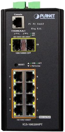 Planet IP30 L2/L4 SNMP valdomas 8 prievadų Gigabit POE+(AT) jungiklis + 2 prievadų Gigabit SFP pramoninis jungiklis (nuo -40 iki 75 C)