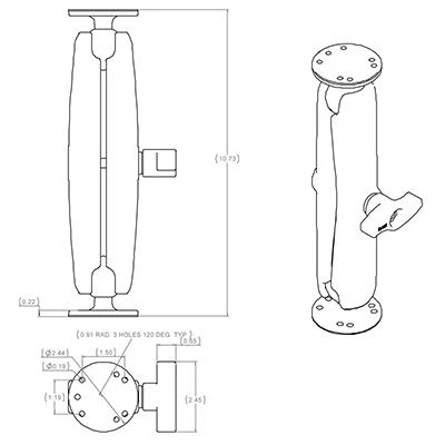 „Ram Mounts“ tvirtinimo elementai be pakavimo dangtelio. „RAM MNT.“ su 2 2 1/2" pagrindais ir D formos svirtimi.