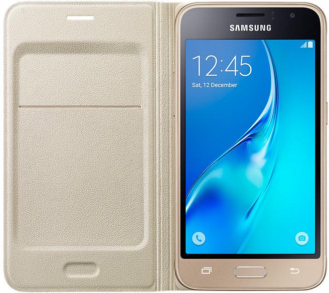 Samsung Galaxy J1 (2016) Flip atverčiamas dėklas - piniginė (Auksinis)