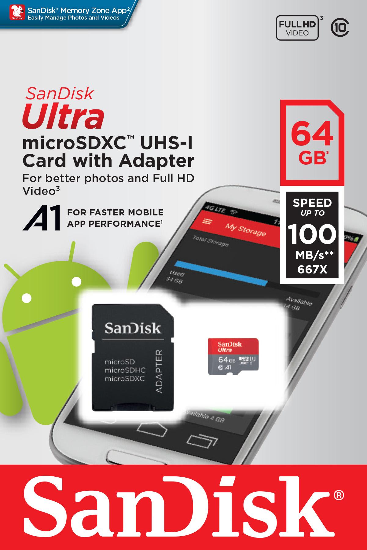 SANDISK 64GB Micro SD atminties kortelė, U1