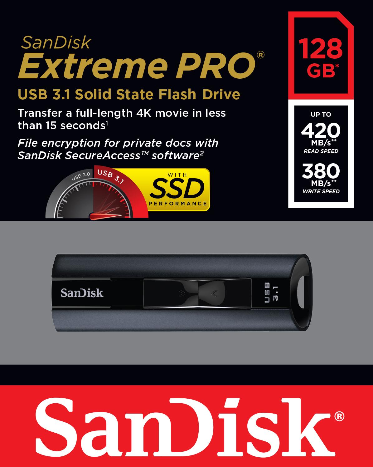 SanDisk Extreme PRO Solid State Flash Drive, 128GB, USB 3.1, žema kaina