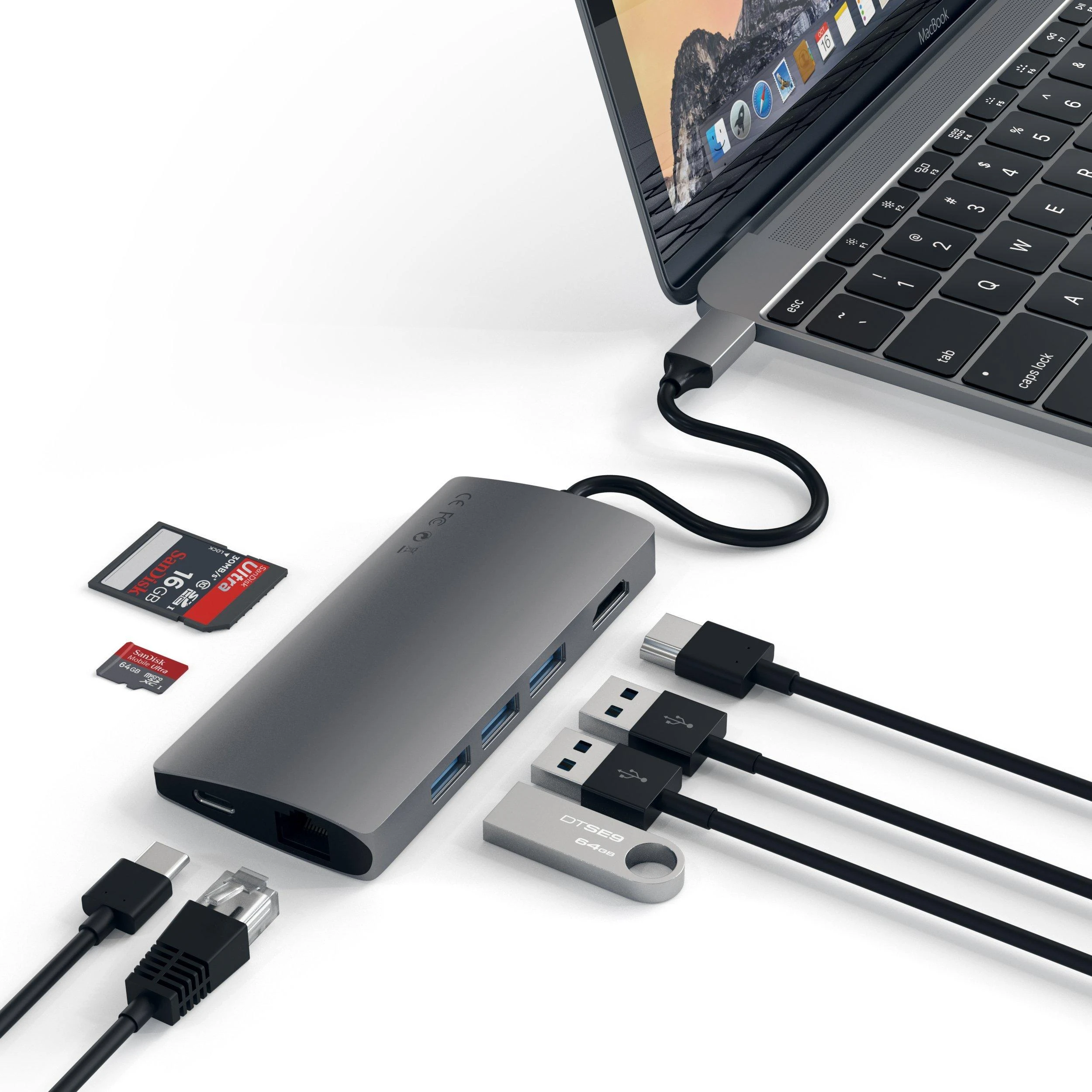 „Satechi Aliumini Adapteris V2 USB-C“ (USB-C, 3x USB-A, 4K HDMI, mikro / SD kortelių skaitytuvas, Ethernet) (pilka erdvė)