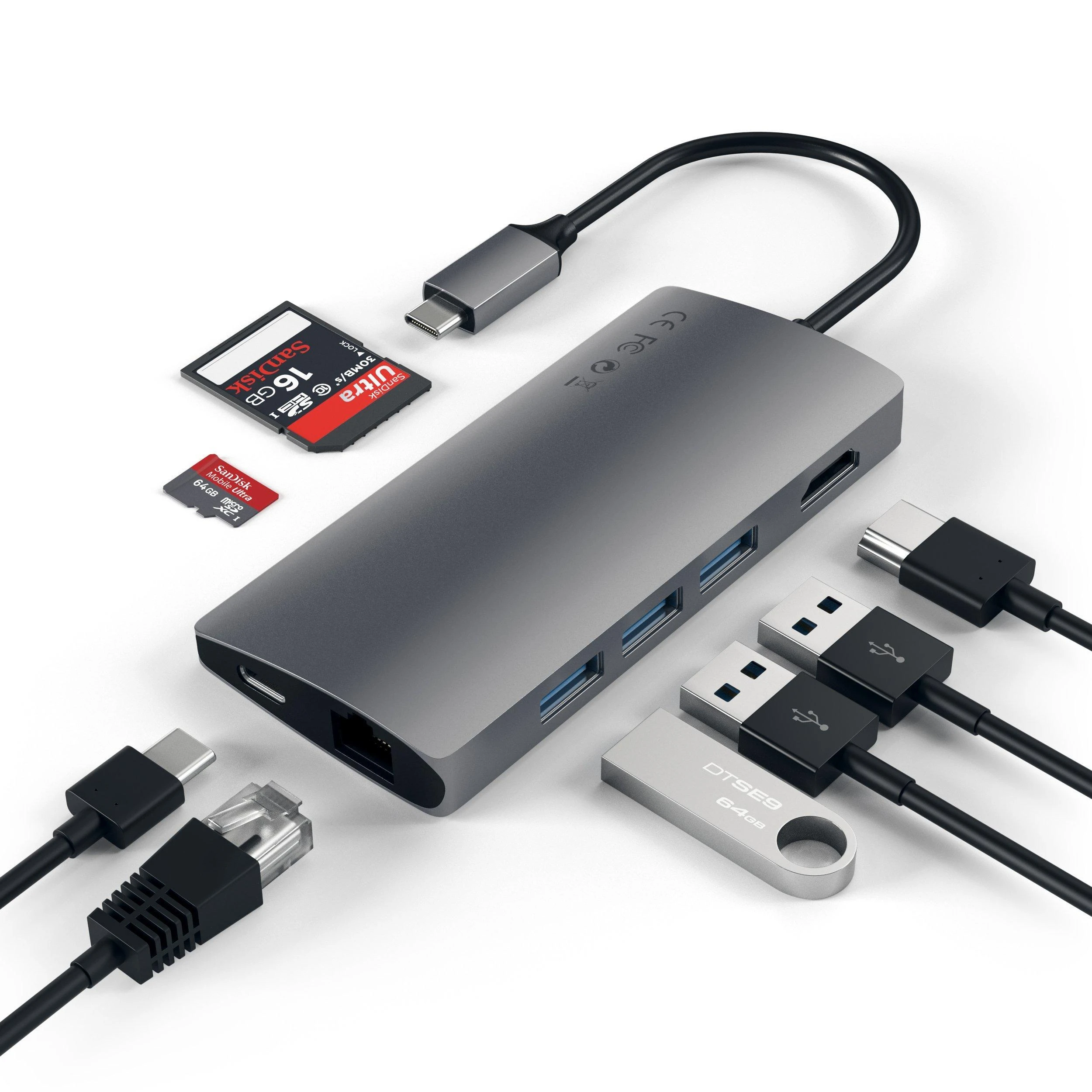 „Satechi Aliumini Adapteris V2 USB-C“ (USB-C, 3x USB-A, 4K HDMI, mikro / SD kortelių skaitytuvas, Ethernet) (pilka erdvė)