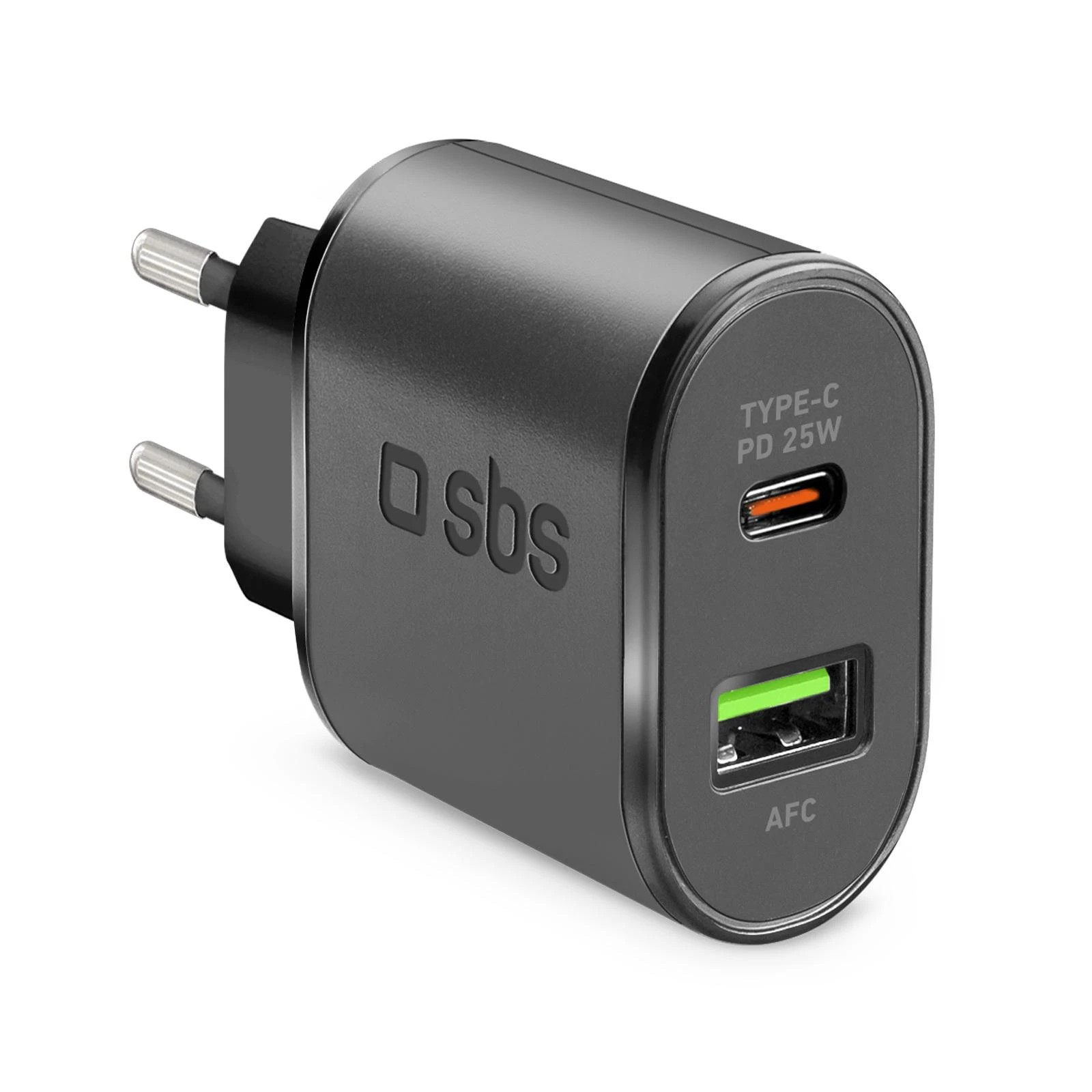 Kelioninis įkroviklis USB Type C PD 25W + USB AFC By SBS Juodas