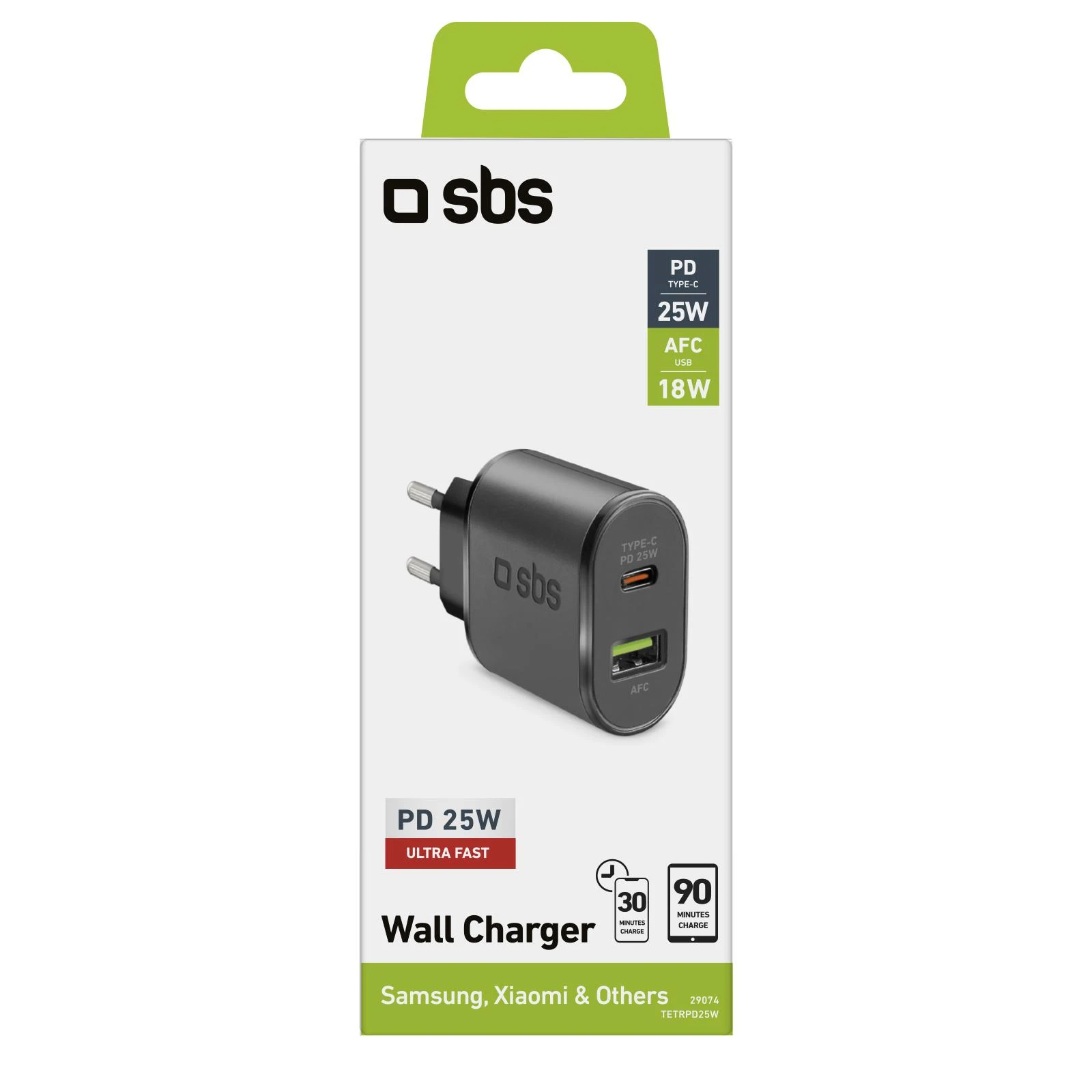 Kelioninis įkroviklis USB Type C PD 25W + USB AFC By SBS Juodas