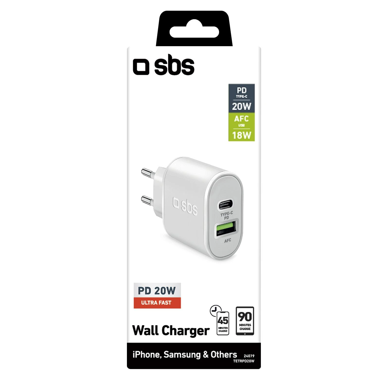 SBS TETRPD20W 20W USB-A USB-C sieninis įkroviklis su maitinimo tiekimu – baltas