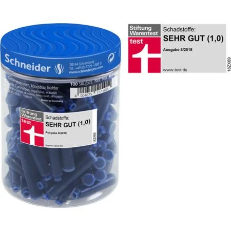 Schneder Rašalo kapsulės, Schneider, 100 vnt., trumpos, mėlynos sp.