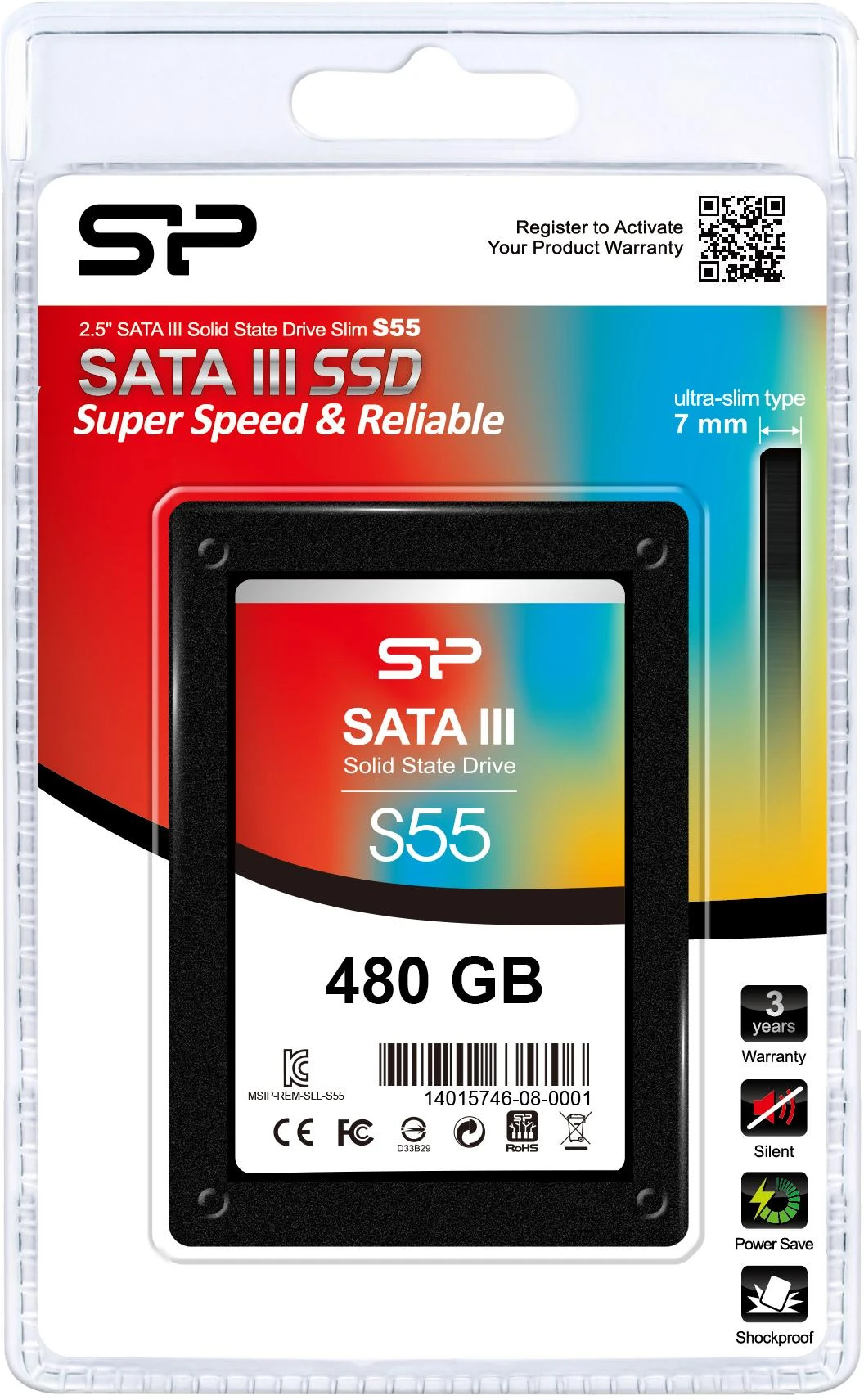 Silicon Power Slim S55 480 GB, SSD form factor 2.5", SSD sąsaja SATA, Rašymo greitis 440 MB/s, Skaitymo greitis 550 MB/s