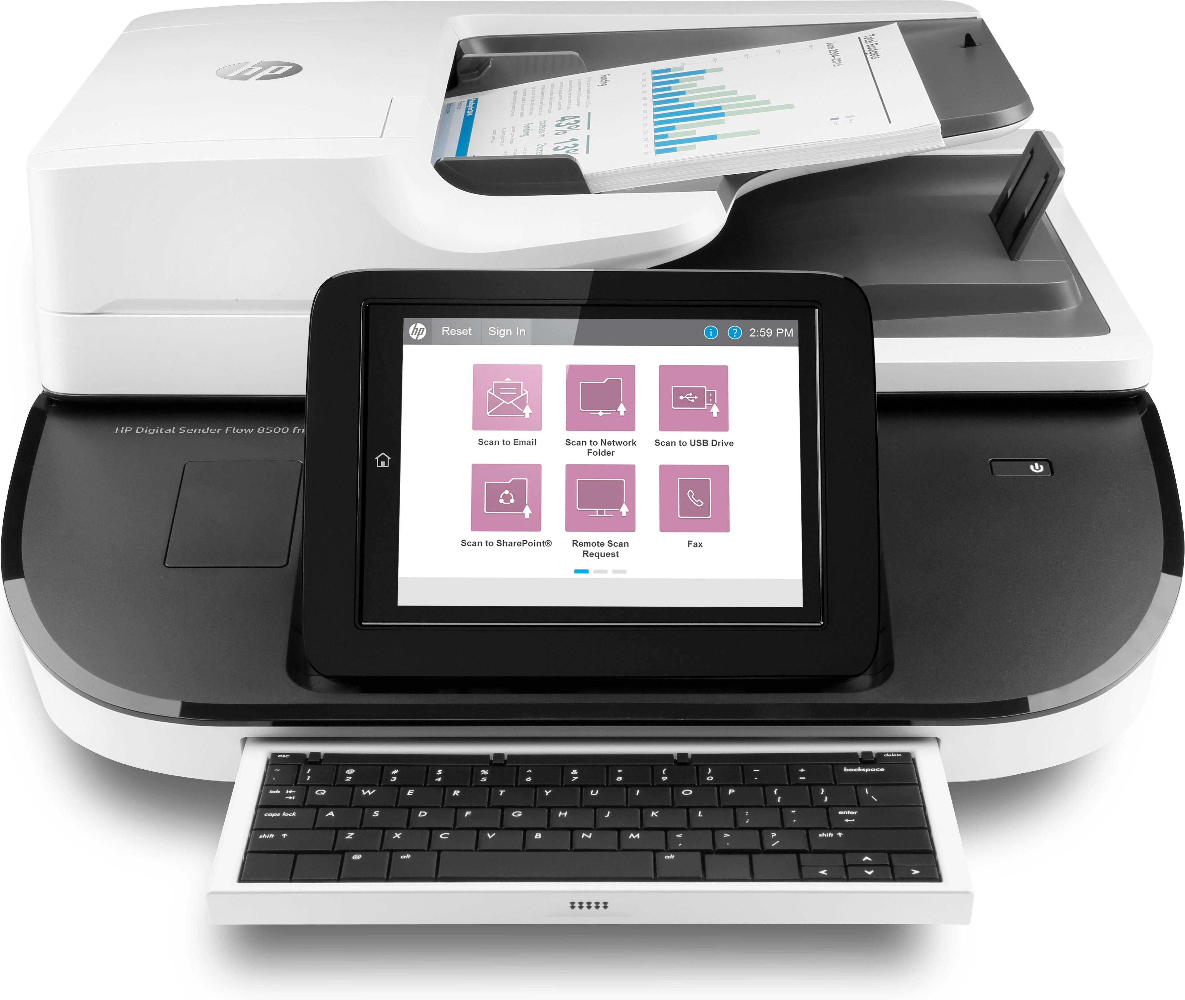 Skeneris Hewlett Packard (HP) HP Digital Sender Flow 8500 fn2 skaitytuvas / dokumentų darbo stotis – A3 spalvotas 600 dpi, plokščias / lapų tiekimo nuskaitymas, automatinis dokumentų tiektuvas, automatinis dvipusis, OCR / nuskaitymas į tekstą, 100 ppm, 10 000 puslapių per dieną